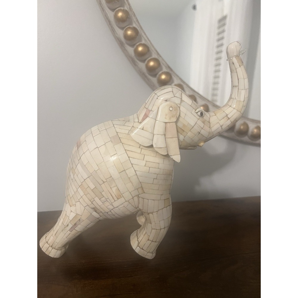 Handcrafted Bone Inlay Elephant Figurine Wood Core Indian Décor; READ Condition‎
